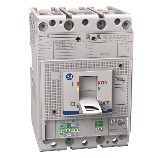 00bb2149e759a35a403ea2fc97981482-1.jpg Mtr Protection Ckt-Bkr, 125A H Frame, 35.65 kA at 480V (MCP), T/M - Adjust Thrm/Fxd Mgntc, Default (3 Poles), 60A, 80 Percent MCCB, Blank, No Bus Bar Mounting, NONE, 24V AC/DC, NONE, Aux + Alarm - 140MG-H8E-C60-AJ