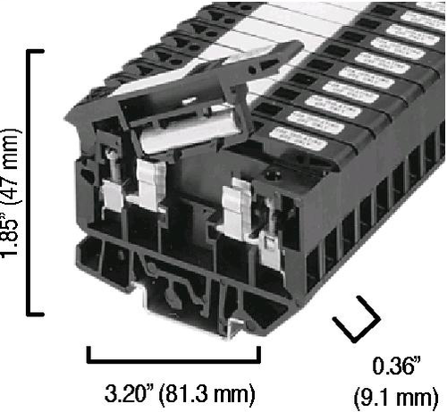 Terminal Block, Screw Connection, Fusible, Neon Blown Fuse Indicator, 9.1 x 81.3 x 47mm (0.36 x 3.20 x 1.85 in), 1 Pole, Black, Pkg. Qty. of 25, VOLTAGE RATING UR - 100–300V AC, CSA - 100–300V AC, IEC - 100–300V AC, MAXIMUM CURRENT RATING - 1492-H4