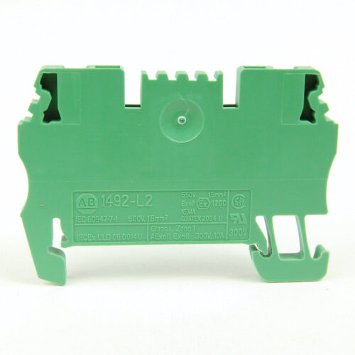 Spring Clamp Terminal Block, One-Circuit Feed-Through Block, 1.5mm² (# 26 AWG - # 14 AWG), Standard Feedthrough, Green - 1492-L2-G