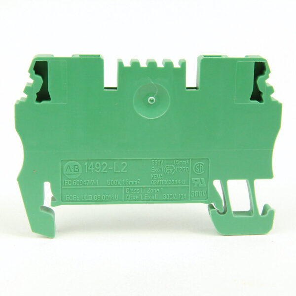 09b4cce826fe5012408ec24e618f39b0-1.jpg Spring Clamp Terminal Block, One-Circuit Feed-Through Block, 1.5mm² (# 26 AWG - # 14 AWG), Standard Feedthrough, Green - 1492-L2-G