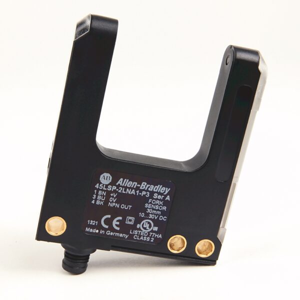 0ab258c2bcb5c69db1865efb8a0795c2-1.jpg Photoelectric Sensor, Fork Style, Visible Red LED, Light Operate - Dark Operate Selectable Output, NPN Output, 120 mm Gap, Plastic, 4 Pin Pico M8 Quick Disconnect Connector, Teachable Sensitivity - 45LSP-2LNA4-P4