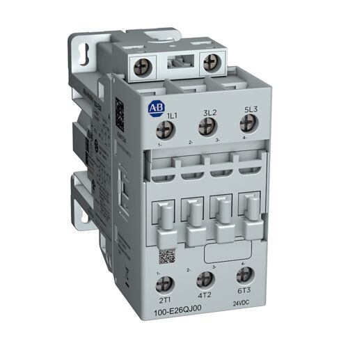 Contactor, IEC, 26 A, 24V DC Low Consumption, Fast Drop-Out, 3 NO Poles, 0 NO 0 NC Auxiliary Contacts, Screw Terminals - 100-E26QJ00