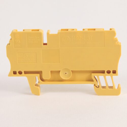 1492-L3T-Y_1000x1000 Terminal Block, Spring Clamp Connection, Feed Through with 3 Connection Points - 2 on One Side, 5.1 x 64.5 x 31.3mm (0.20 x 2.54 x 1.23 in), 1 Pole, Yellow, Pkg. Qty. of 100, VOLTAGE RATING UR - 600V AC/DC, CSA - 600V AC/DC, IEC - 800V AC/DC, AT - 1492-L3T-Y
