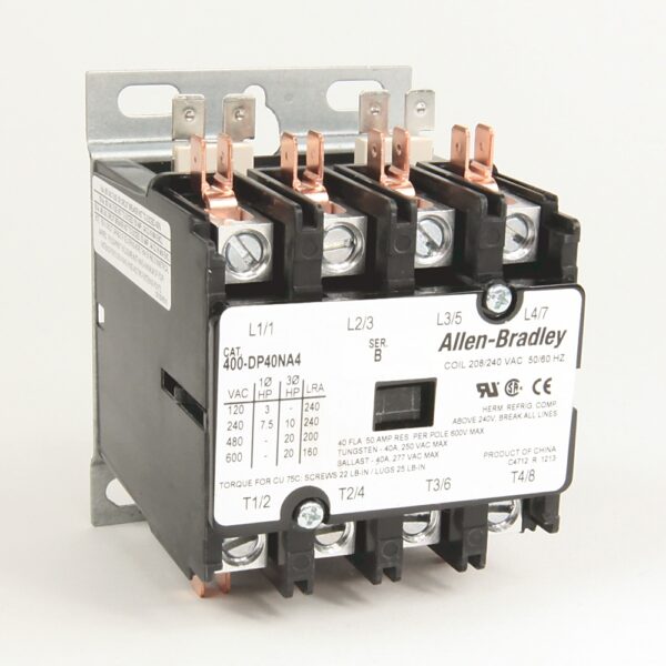 400 Definite Purpose Contactor, 40A, 208/240V 50/60Hz, 3 Poles, 2-Poles with 3-Pole Base - 400-DP40NA3-E
