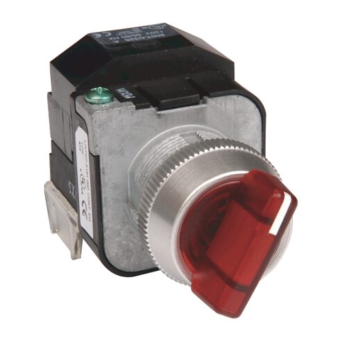 800T PB, 30mm Selector Switch, 3 Position Selector Switch, Standard Knob Type, 12-130V AC/DC, Red, Maintained, KB7 Cam, KB7 Cam, 12-130V AC/DC, No Guards - on Terminals, LED Lamp, 1-NO 1-NC Standard Contacts, No Block in Position 3, Standard Knob Maintai - 800T-2JRH2KB7AX