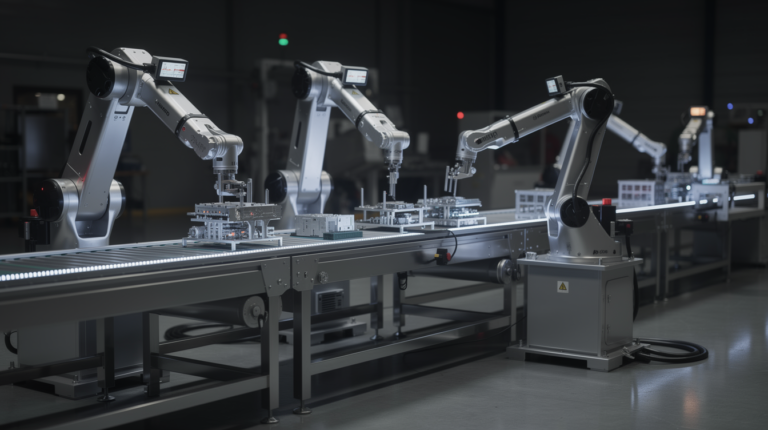 Endüstriyel otomasyon üretim hattı robotik kollar
